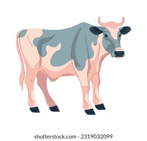 Cute cartoon cow grazing on organic pasture icon isolated