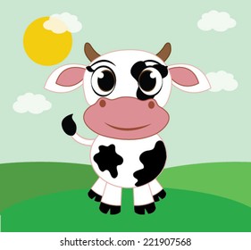 Cute cartoon cow with green fields and a happy background