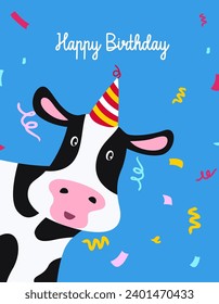 cute cartoon cow and happy birthday, greeting card on blue background, confetti vector illustration