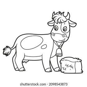 Cute cartoon cow and hay coloring book on white background