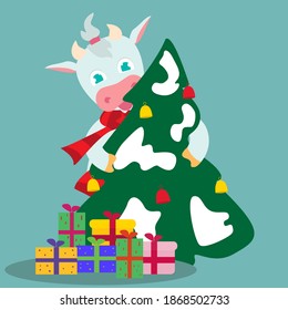 Cute Cartoon cow hold a chistmas tree on a blue background