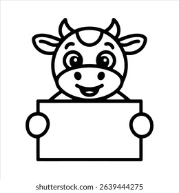 Cute Cartoon Cow Holding Blank Sign. Farm Animal Mascot Vector Illustration.	

