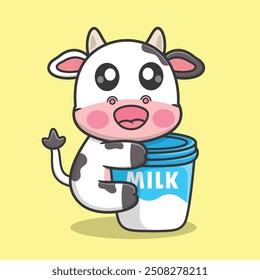 Cute Cartoon Cow Hugging Milk Isolated Illustration Icon Vector, Animals Drink Food Cartoon Premium Vector, Cartoon Drink Style.