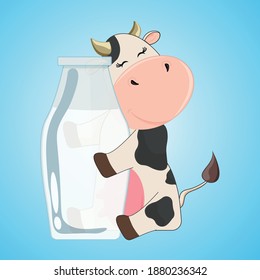 Cute cartoon cow hugs a bottle of milk isolated on a blue background. The bull is a symbol of the new year. Year of the bull icon. Vector illustration EPS 10.