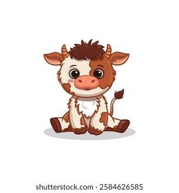 Cute cartoon cow isolated on white. Funny calf in flat style. Bull for cards, magazines, banners, coloring books. Vector illustration.
