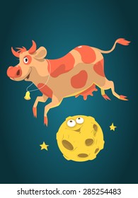 Cute Cartoon Cow Jumps Over The Friendly Funny Moon