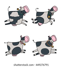 Cute cartoon cow jumps  set