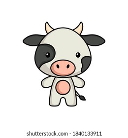 Cute cartoon cow logo template on white background. Mascot animal character design of album, scrapbook, greeting card, invitation, flyer, sticker, card. Vector stock illustration.