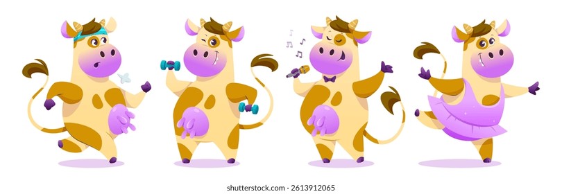 Cute cartoon cow mascot character set wearing pink dress and dancing ballet, singing song with micro, jogging and doing sport with dumbbells. Active smiling bovine farm animal illustrations.