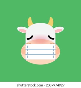 Cute Cartoon Cow With Medical Mask. Sick Face Emoji Vector Icon.