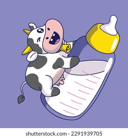 Cute cartoon cow with milk bottle. Vector illustration of a cow with milk bottle.