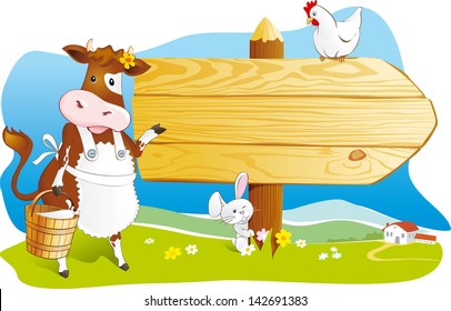 Cute cartoon cow with milk, rabbit and hen pointing wooden signboard. Space for text, countryside farm landscape. Vector illustration