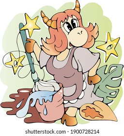 Cute Cartoon Cow mopping the floor, funny colorful isolated vector doodle stock illustration, print for books, greeting card, poster, t-shirt, fabric, logo, website or apps