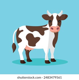 Cute cartoon cow on a blue background. Vector illustration in a flat style.