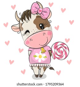 Cute Cartoon Cow on a hearts background