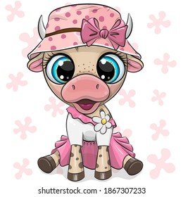 Cute Cartoon Cow in a pink dress and panama hat