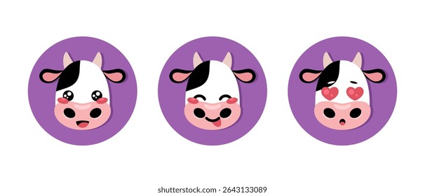 Cute cartoon cow round icons. Calf flat icons. Vector illustration