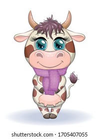 Cute cartoon cow with a scarf on his neck with beautiful blue eyes. Children's illustration.