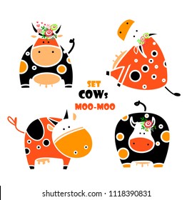Cute cartoon cow. set