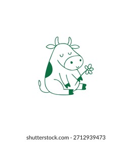 Una linda vaca de dibujos animados se sienta mientras sostiene una Pequeña flor de margarita.
