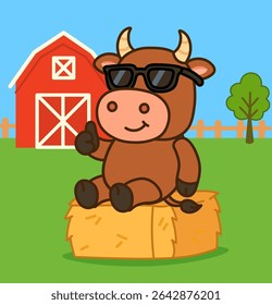Cute Cartoon Cow Sitting on Hay Bale with Sunglasses and Thumbs Up Gesture on Farm