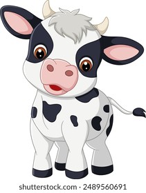 Cute cartoon cow smiles, showcasing big eyes and spots of illustration