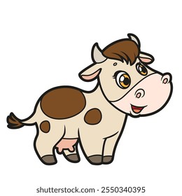 Cute cartoon cow with spots on white background. Image produced without the use of any form of AI software at any stage.