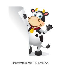 Cute Cartoon Cow standing behind Blank Sign