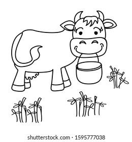 Cute cartoon cow stands in a clearing, holds a bucket. Vector illustration for packaging, children's decor.