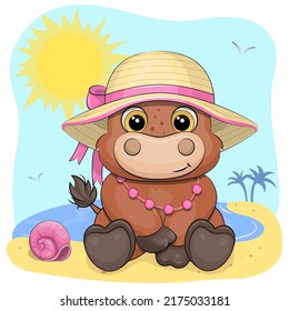 Cute cartoon cow in a summer hat on the beach. Vector illustration with animals, sea, sun and palm trees.