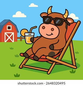 Cute cartoon cow in sunglasses relaxing on a deck chair with orange juice on a sunny farm. Fun summer countryside scene in flat vector style. Perfect for kids and farm-themed designs.
