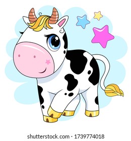 Cute cartoon cow. Vector illustration with bull, symbol of the Chinese new year 2021 - funny ox