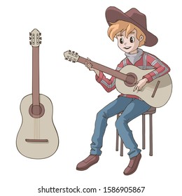 Cute cartoon cowboy boy playing the guitar. Young guitarist. Music lesson. Isolated objects on white. Decor element for kids products (room, clothes, stationery). Set of vector illustrations.