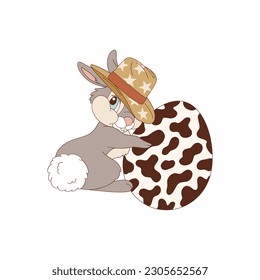 Cute cartoon cowboy bunny with Ester egg vector illustration. Western Easter aesthetic print design. 