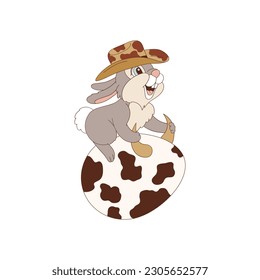 Cute cartoon cowboy bunny rodeo on Ester egg vector illustration. Western Easter aesthetic print design. 