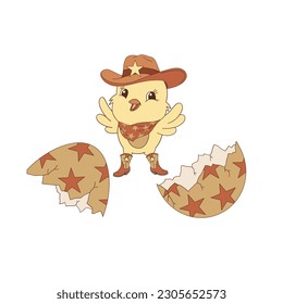 Cute cartoon cowboy chicken vector illustration. Western Easter aesthetic print design. 