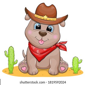 Cute cartoon cowboy puppy. Western vector illustration of animal in the cowboy hat and scarf isolated on white.