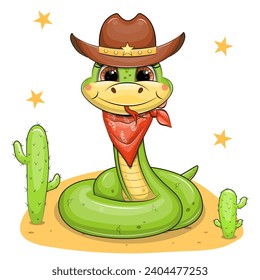 Cute Cartoon Cowboy Schlange. Westliche Vektorgrafik von Tieren im Cowboyhut und scarfon-weißem Hintergrund.