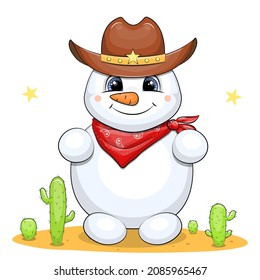 Cute cartoon cowboy snowman wearing cowboy hat and scarf. Western vector illustration isolated on white background.