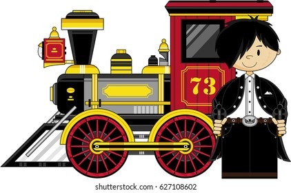 Cute Cartoon Cowboy and Train