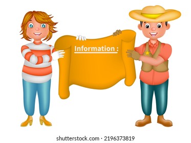 A cute cartoon cowboy with a woman showing an information board flyer, vector illustration isolated on a white background suitable for animation design and information signs.
