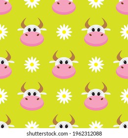 Cute cartoon cows and flowers seamless pattern. Vector illustration.