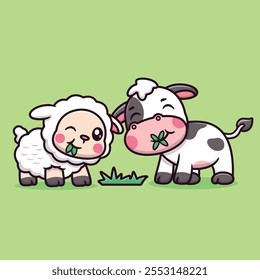 Cute Cartoon Cows Sheep Eating Grass Together Ilustración de ícono de Vector. Icono de Naturaleza Animal Concepto Aislado Premium Vector. Estilo de dibujos animados de animales