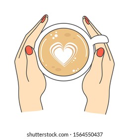 cute cartoon cozy vector illustration with female hands holding coffee cup