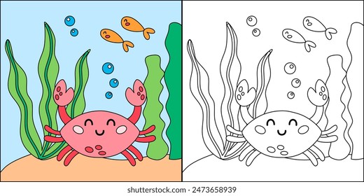 Cute cartoon crab character. Undersea, marine life illustration. Sea animals coloring pages isolated on white background. Vector illustration