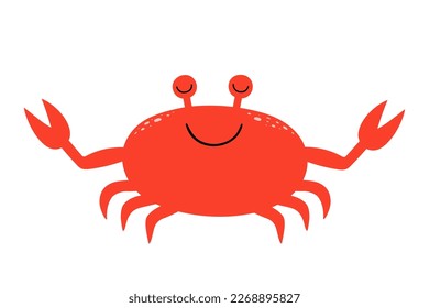 Cute cartoon crab meditates. Smiling sea character. An inhabitant of the underwater world.