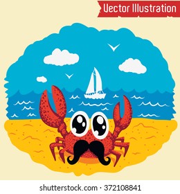 Cute cartoon crab on the beach. Vector illustration.