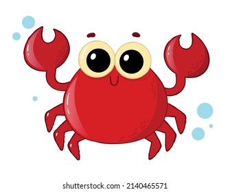 Cute cartoon crab on a white background. Sea crab smiles. Vector illustration.