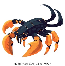 Cute cartoon crab with orange claws underwater over white