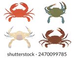 Cute cartoon Crab. Red, Green, Yellow Crab, Raw black Crab and Raw blue Crab on white background. Seafood vector illustration set.